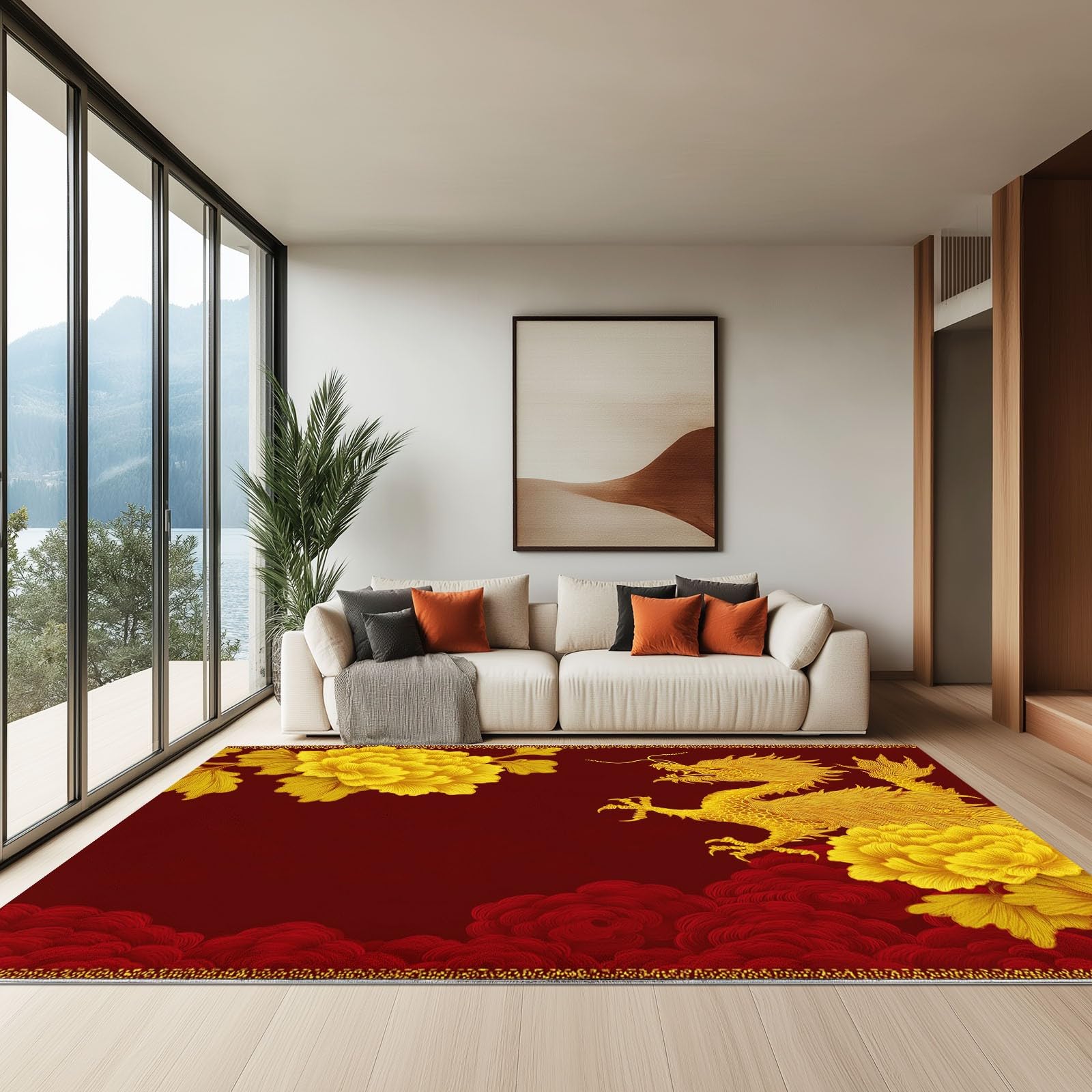 Tapis de Salon Moderne 140 cm x 200 cm Bordeaux Dragon Chinois Fantastique Nuage Et Brume, Poils Courts Anti tache Lavable - Tapis pour Chambre Enfant Adulte Cuisine Entrée - Confortable Doux