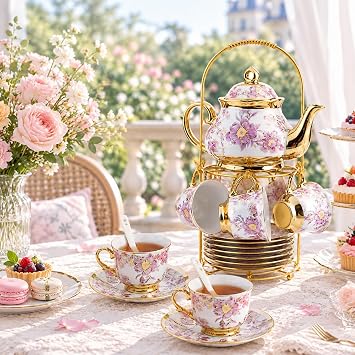 20 Pcs Porcelain Tea Set with Metal Holder, 700ml/23oz European Ceramic Tea Set for Adults, Adult Tea Set Gift, Flower Tea Cup Saucer Set for Party With Gold Flower Painting