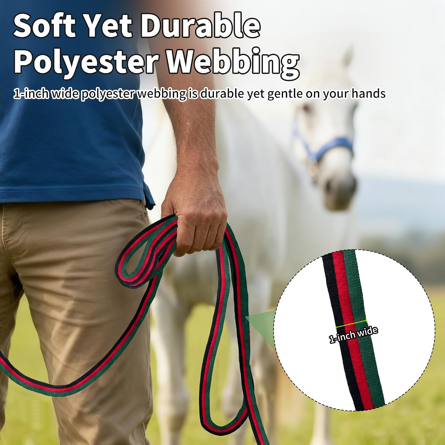26FT Durable Horse Lunge Line with Swivel Bolt Snap - Soft Feel Equine Training Line for Lunging, Show, Competition Daily Use (Black&Red&Green)