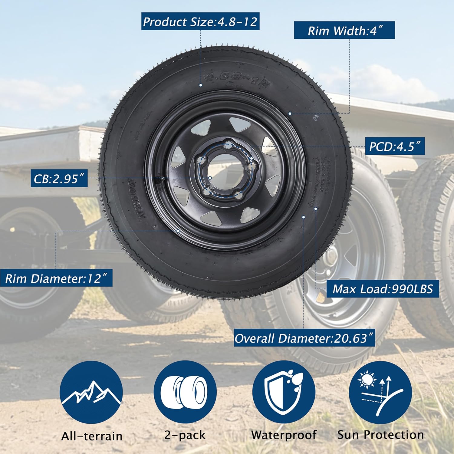 4.80-12 4.80x12 480-12 4.8-12 Trailer Tires with 12 in Rims, Complete Tire and Rim Set, Load Range C, 6PR, Black (5 Lug on 4.5", 4.80-12)
