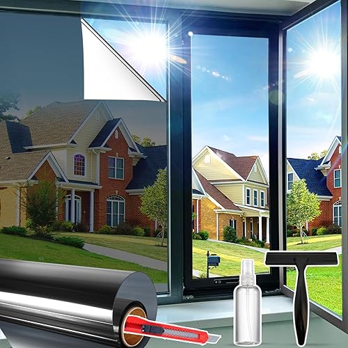 Window Privacy Film See Out Not in, One Way Privacy Window Film, Removable Window Tint for Home, Reflective Static Cling Window Film Heat Blocking, Black Silver, 35.4 X 78.7 inch