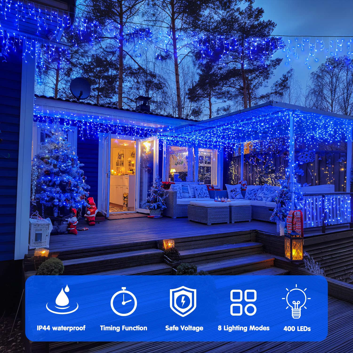 JMEXSUSS 400 LED Blue Icicle Lights for Outdise, 38.8 FT Christmas