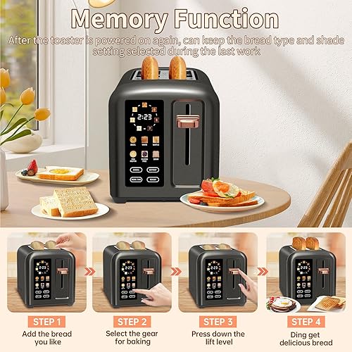 Vista 7 de SEEDEEM Toaster 2 Slice, Touch Control Stainless Toaster LCD Display, 50% Faster Heating Speed, 1.4'' Wide Slots, More Timer Functions, Removable