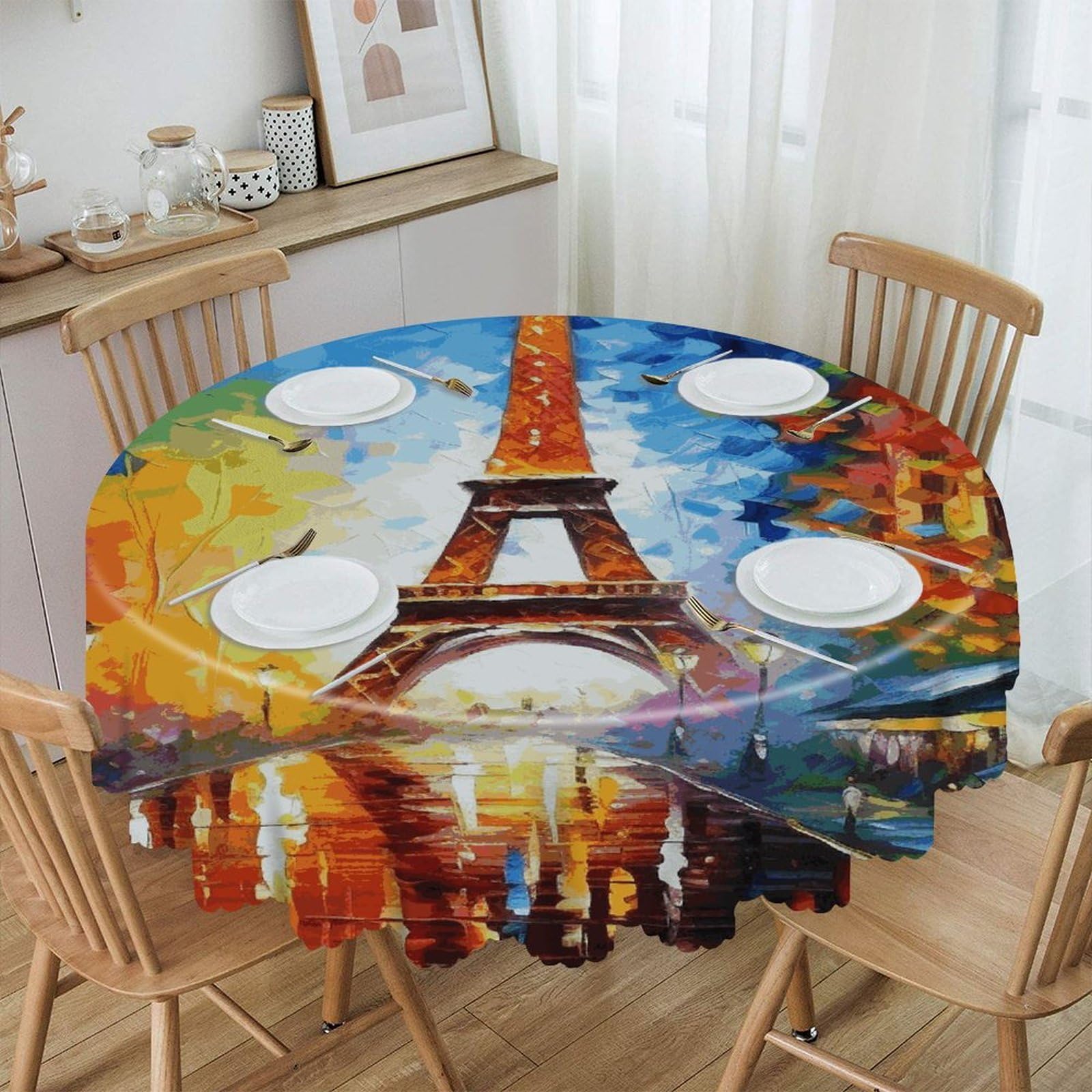 FekiLoot 60 Inch Round Paris Eiffel Tower Painting Tablecloth Waterproof Heavy Duty Polyester Table Cloth Spill-Proof Wipeable Table Cover Decorative Circle Dining Tablecover for Party Outdoor