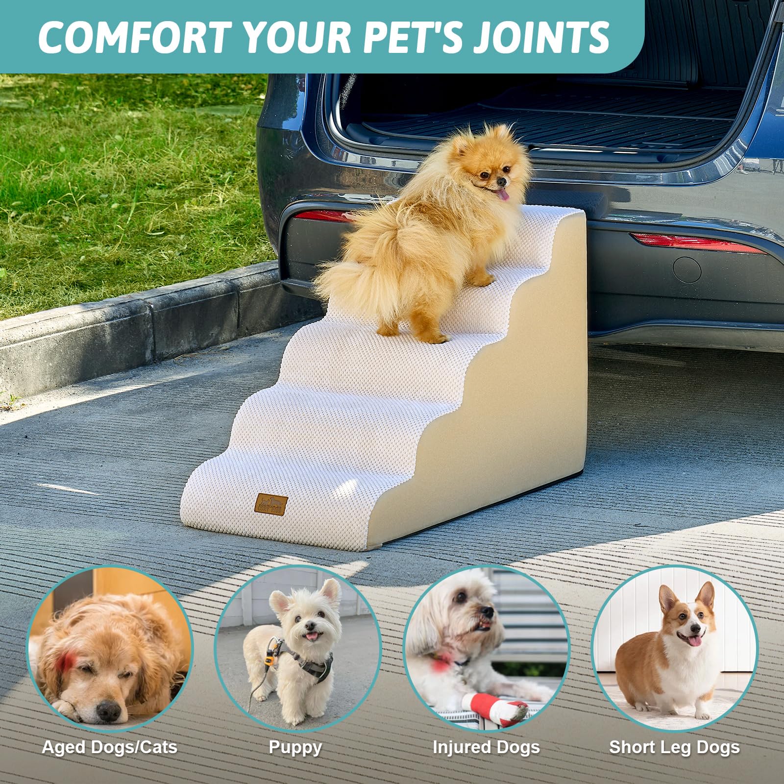 COZY KISS Brede hondentrap voor kleine hond, 57,4 cm H, huisdieropstap voor puppy, oudere kat, gebogen oprit voor hoog bed of auto, trappen met schuim met hoge dichtheid, lichtgewicht, duurzaam, 5
