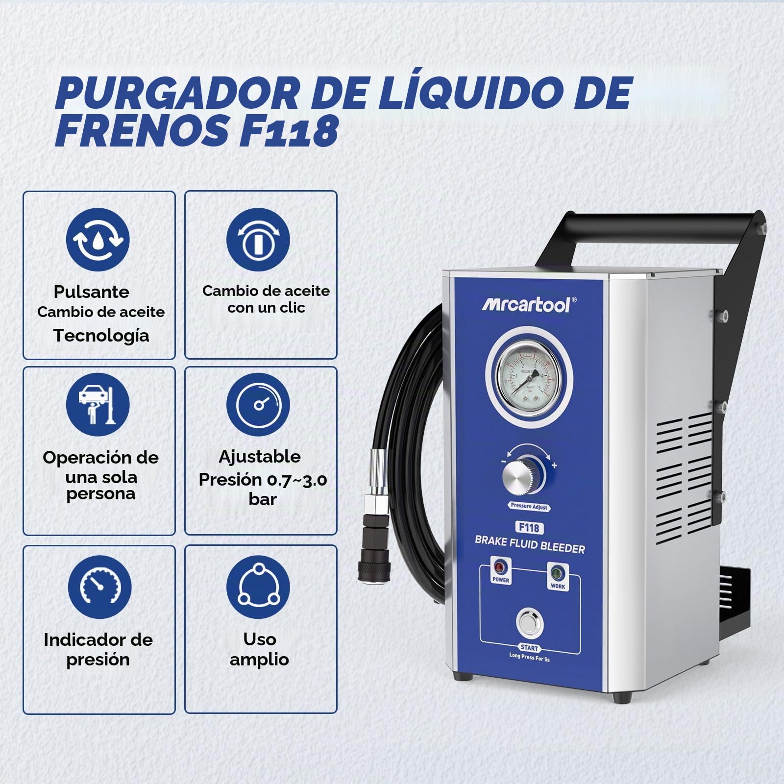 MRCARTOOL Purgador Frenos Coche 220V Purgador de Frenos Eléctrico Máquina de Cambio de Líquido de Frenos con 7 Adaptadores, Purgador Frenos 0,7-3,0 Bar para Volkswagen, Audi, Škoda, Benz, BMW