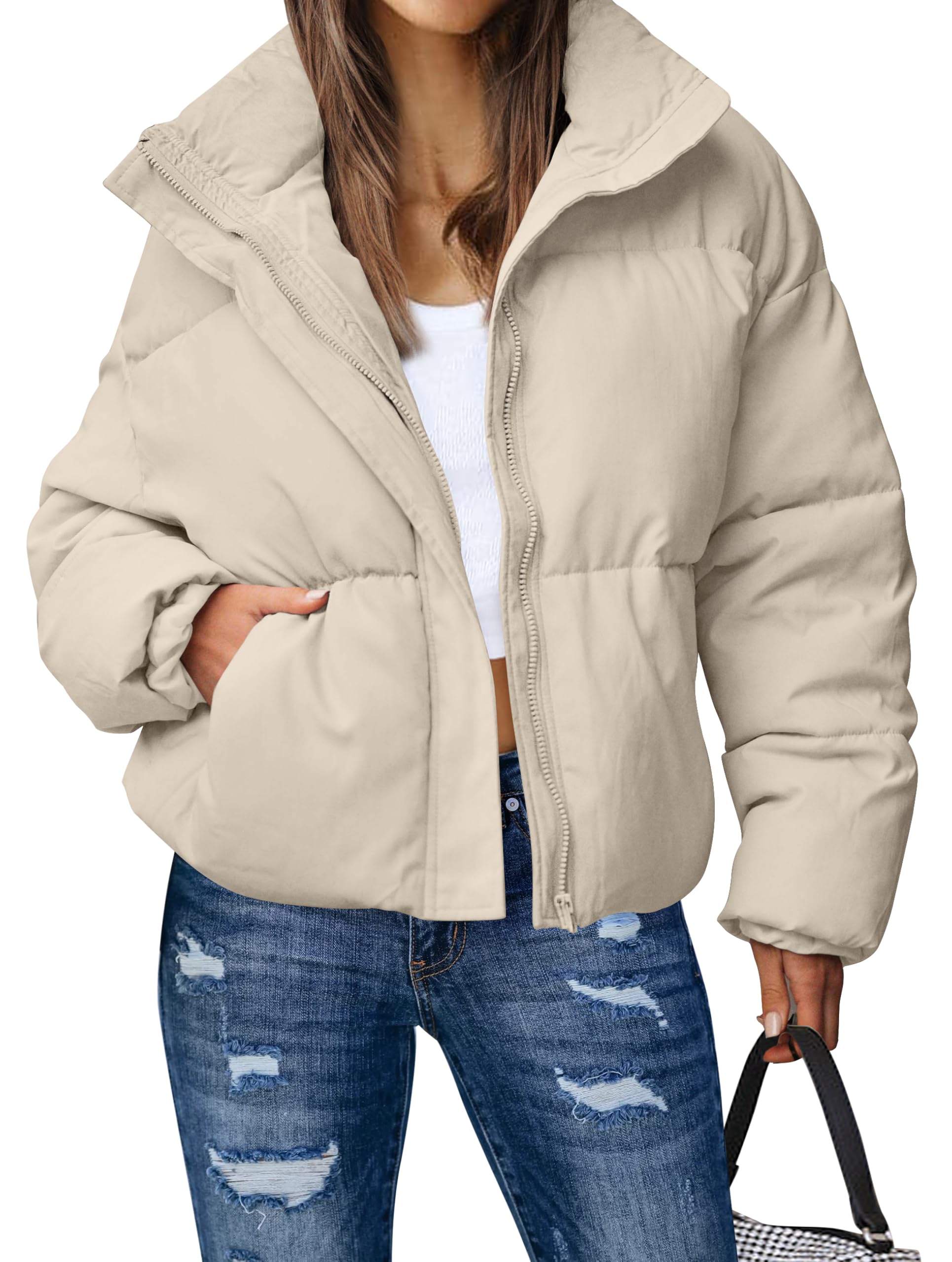 Women's 2025 Winter Long Sleeve Zip Puffer Jacket Pockets Baggy Short Coats