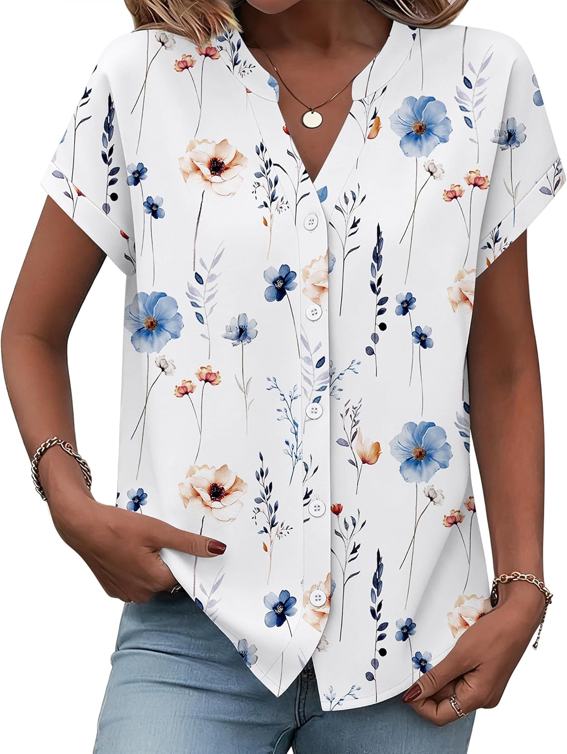 Zeagoo Button Down Shirts for Women Short Sleeve Tops V Neck Collar Blouses Business Casual Outfits S-2XL