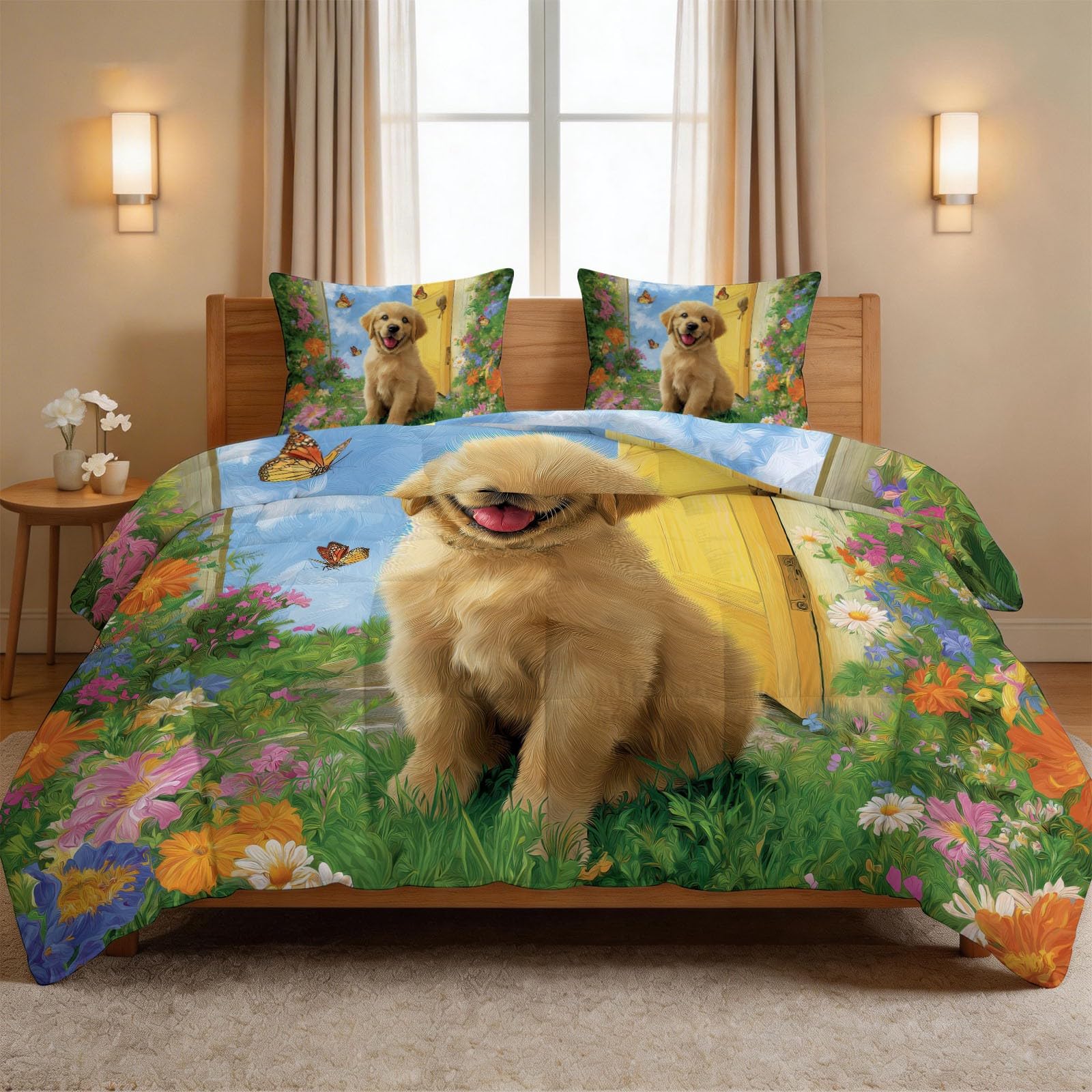 Parure de lit réversible motif chiot golden retriever pour transformer l'ambiance de la chambre