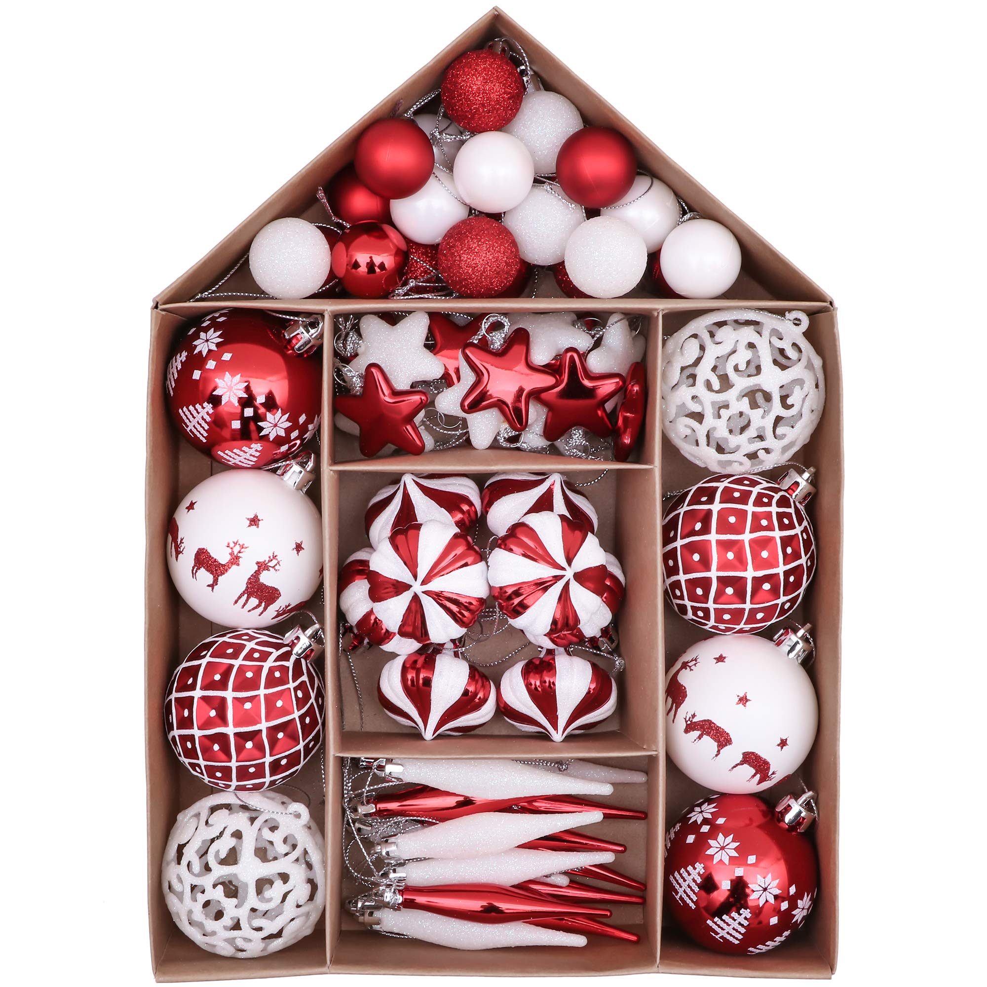 Victor's Workshop 70pcs Boules de Noël 3-10cm Rouge Blanc,Décoration Suspendu pour l'arbre de Noël, Ornement avec Étoile pour Sapin de Noël, Boîte-cadeau D'emballage en Papier Kraft en Forme de Maison