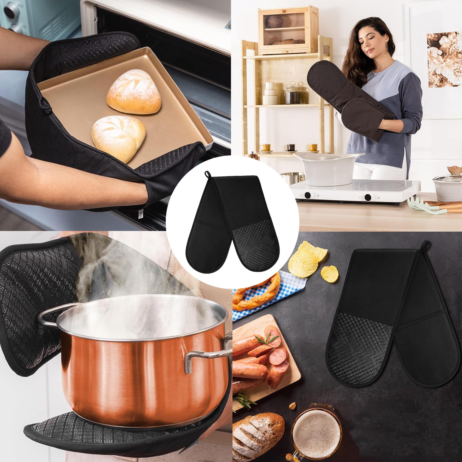 Oven Gloves Black Kitchen Accessories for Cooking Baking Grilling Double Oven Gloves Non-slip Heat Resistant Heat Resistant Protection Home Essentials - Image 4