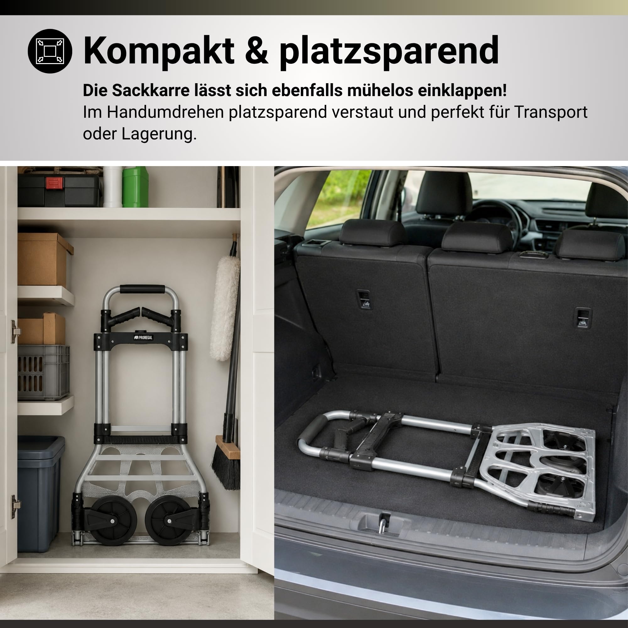 PROREGAL klappbare Aluminium Profi-Sackkarre Elephant | Traglast 150 kg | 6 kg leicht, ergonomische Griffe, Leichtlauf-Vollgummiräder, große Schaufel | Silber | Transportkarre