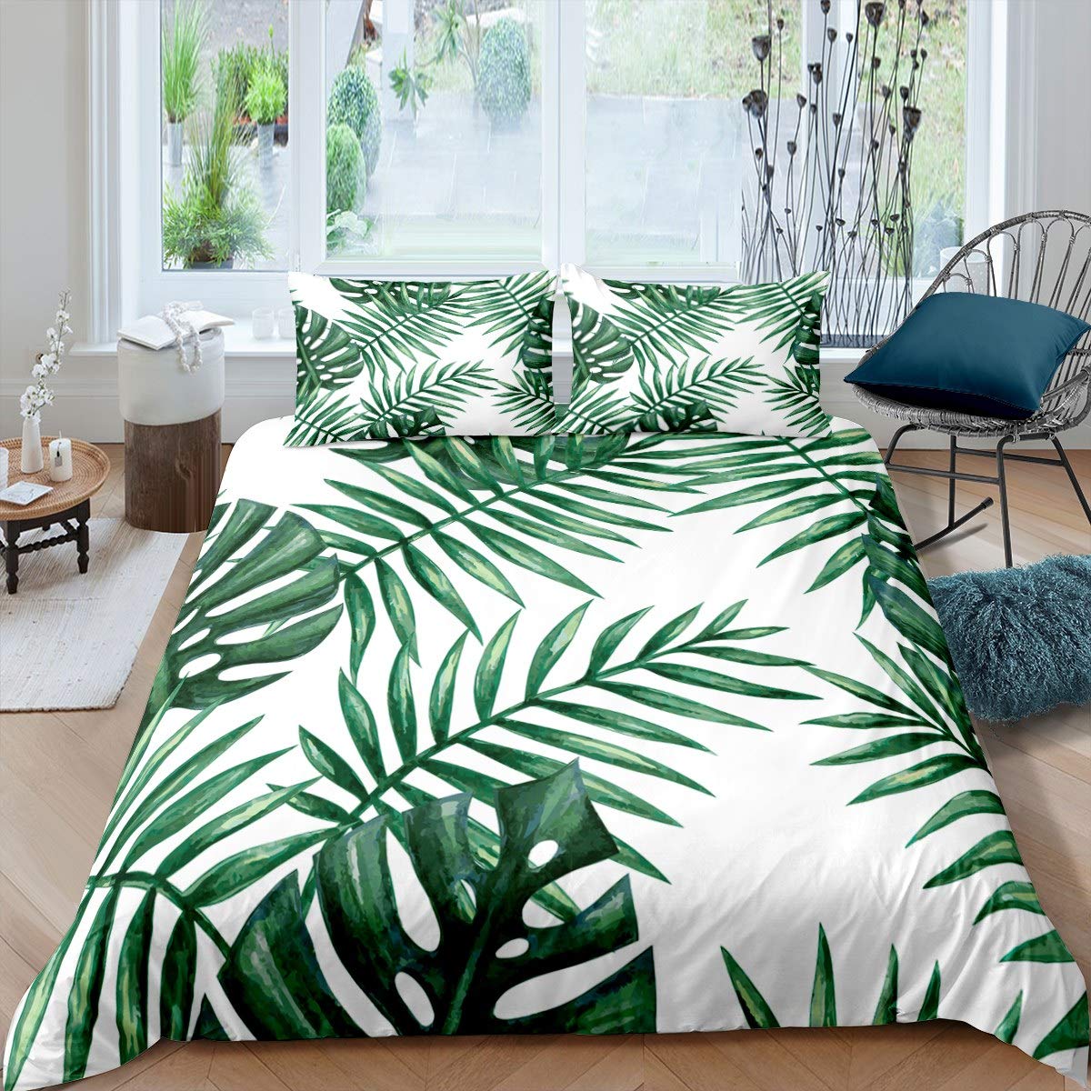 Loussiesd Tropical Leaves Comforter Cover Set for Kids Adults Leaf Pattern Duvet Cover Botanical Bedding Set Palm Leaves Bedspread Cover Nature Theme Bedroom Decor 3Pcs King Size