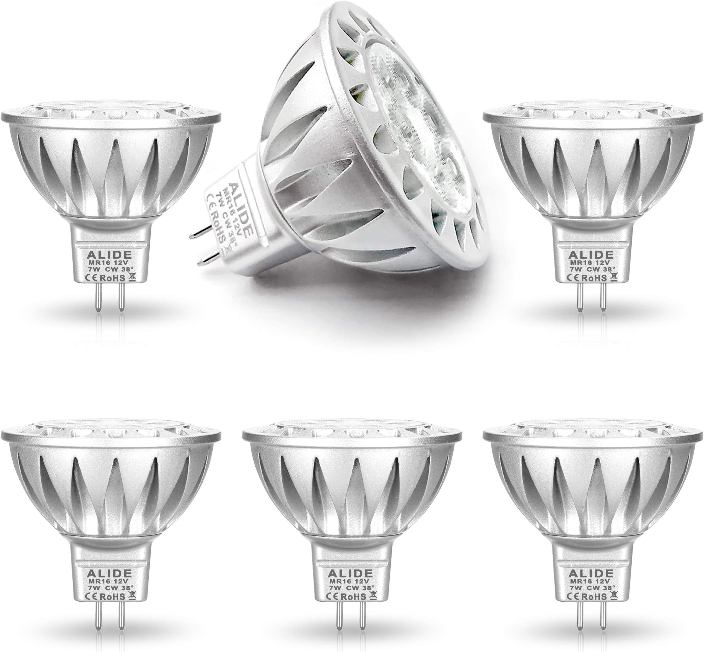 ALIDE MR16 Led Bulbs GU5.3 7W 6000K Daylight Cool Bright White,50W-75W Halogen Equivalent,12V MR16 Bulb Spotlight for Kitchen Home Track Ceil Recessed Accent Lighting,Not Dimmable,38 Deg,6 Pack