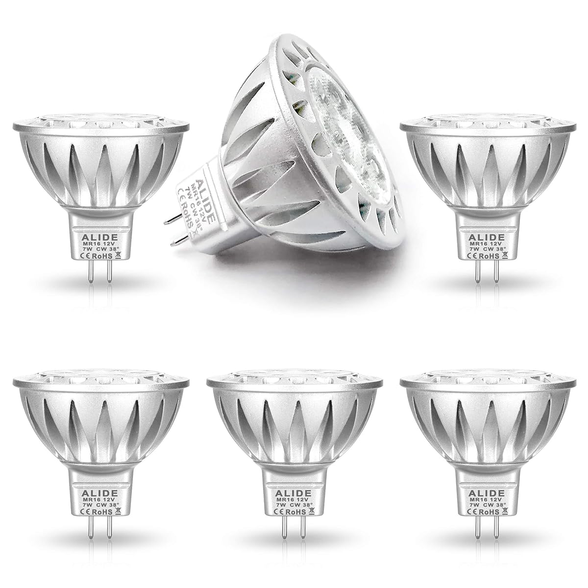 Alide Mr16 Led Bulbs 7W Daylight White 6 Pack, 12V Gu5.3 Aluminum Spotlight,