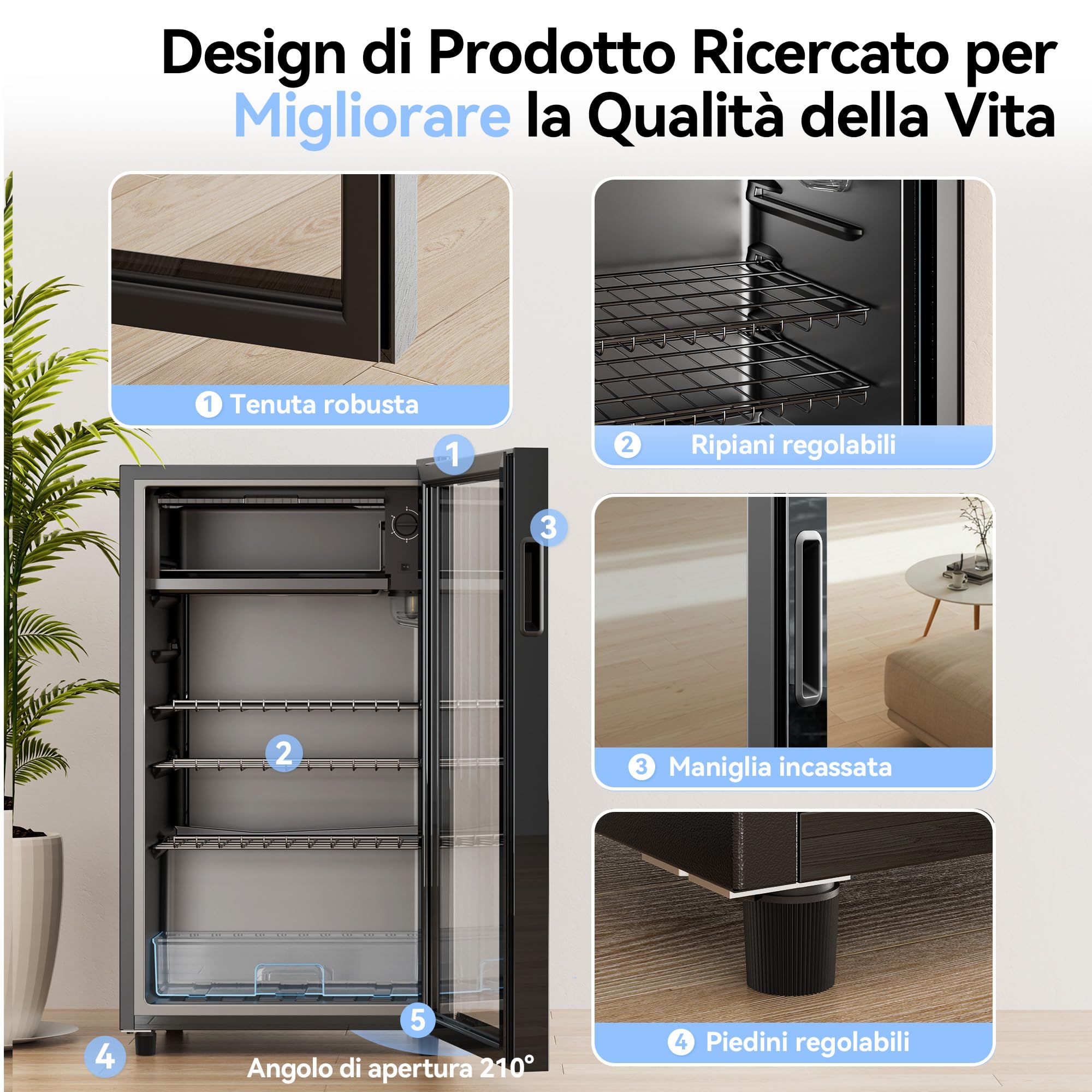 JUMMICO Frigorifero per bevande, 93 l, piccolo con illuminazione LED blu, frigorifero per birra con porta di design in vetro, con 3 ripiani e portabottiglie per soda/birra/vino [Classe di efficienz