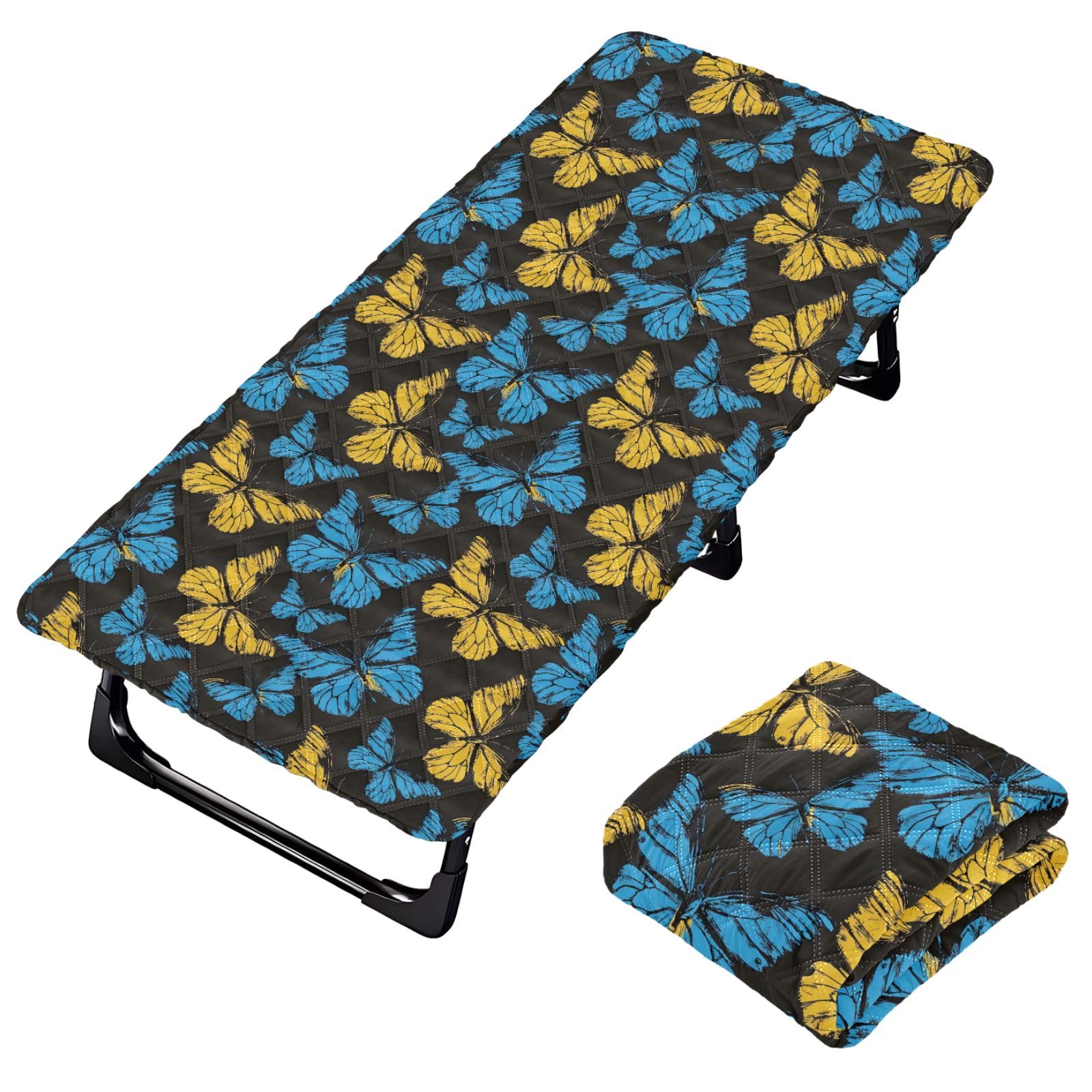 Portable Toddler Bed Sheet for Kids Blue Black and Yellow Butterflies Pattern Travel Bed Fitted Sheet