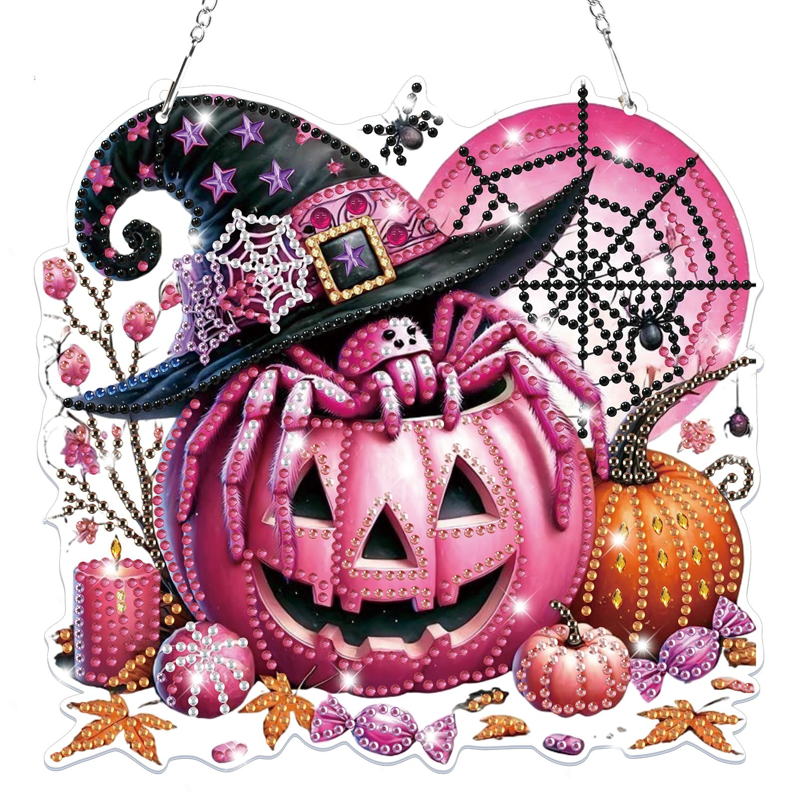 Lxmsja Halloween Diamond Art Hanging Ornaments with Chain for Adults Kids, Special Shaped Pumpkin Diamond Painting Pendant Kits, Hanging Crystal Suncatcher Gem Art Kits for Home Door Wall Decor Gifts