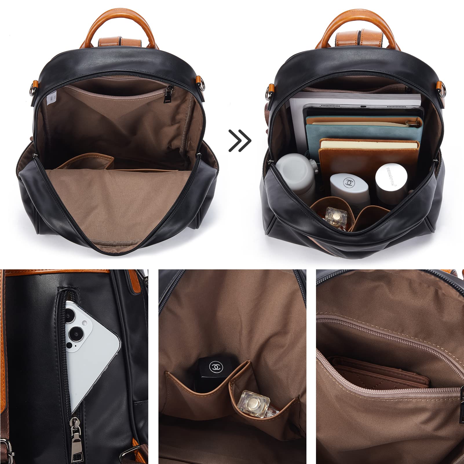BROMEN | Brown Faux Leather Convertible Backpack Purse Security Travel Bag BROMEN Backpack Purse for Women Leather Designer Travel  main image 3