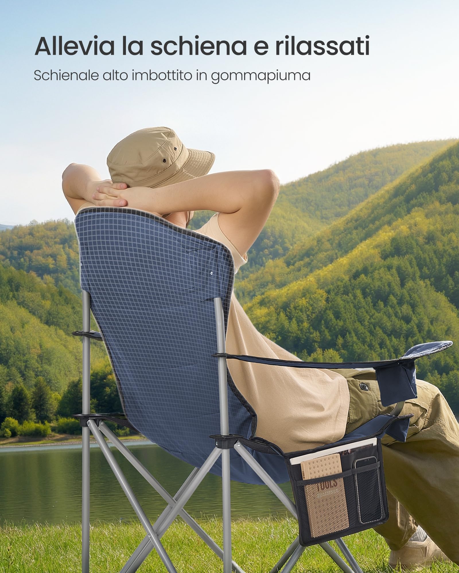SONGMICS Sedia da Campeggio, Sedia Pieghevole e Portatile con Seduta Ampia, Schienale Alto, con Portabicchiere, Supporto per Cellulare, Organizzatore in Tessuto, Blu e Grigio GCB005QE01