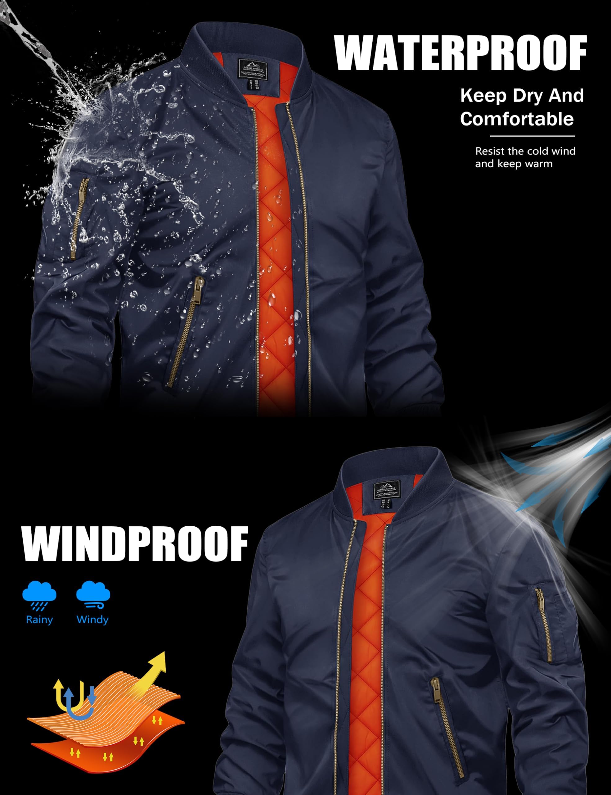 TACVASEN Herren Übergangsjacke Bomberjacke College Jacke Fliegerjacke Basic Freizeitjacke mit Reißverschlusstaschen