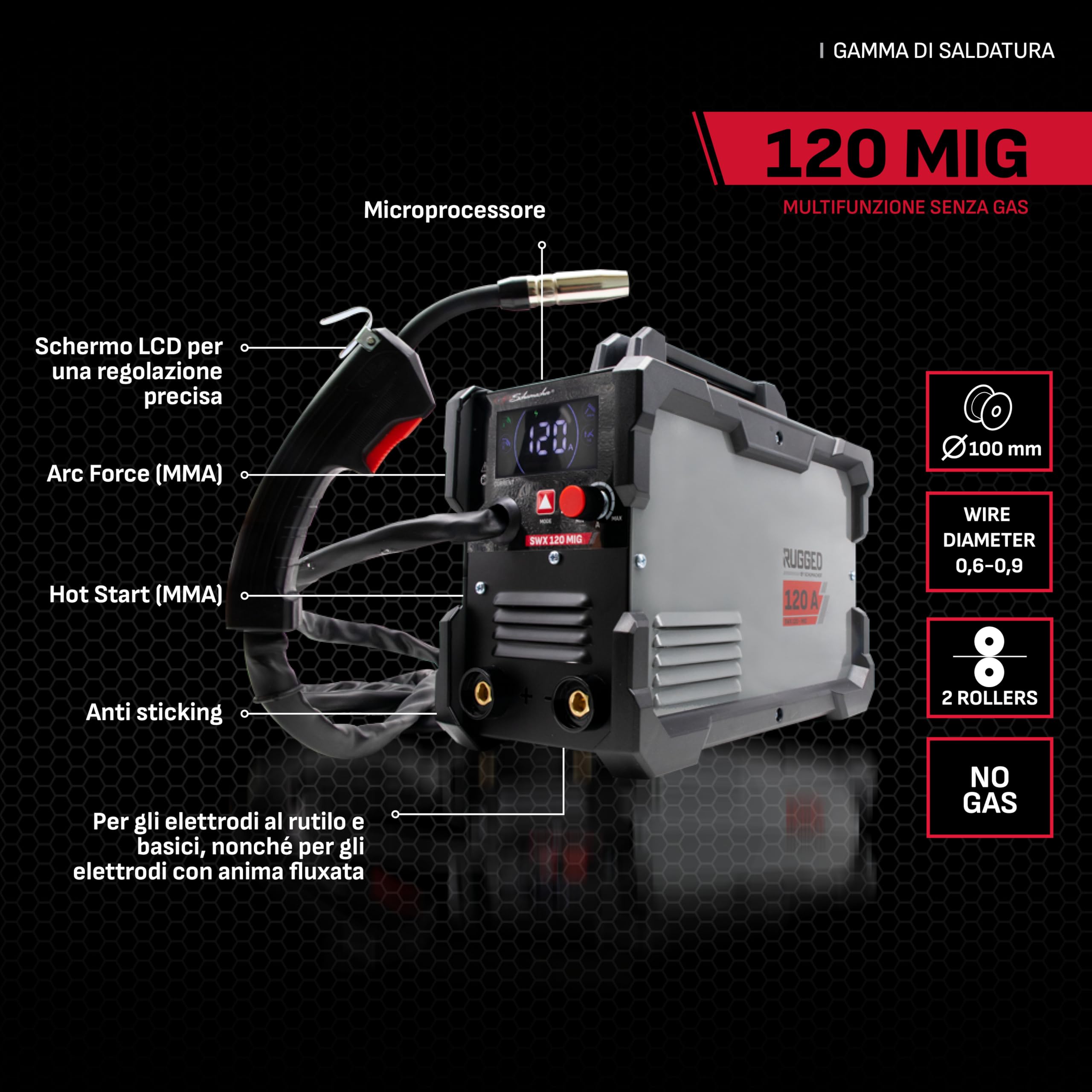 Schumacher Electric - SWX 120: saldatrice MIG con inverter da 120 A, senza gas, 230 V – Torcia MIG Direct + MMA – Filo tubolare da Ø 0,6–0,9 mm – Elettrodi da Ø 1,6–3,2 mm – Display LCD – 2 rulli