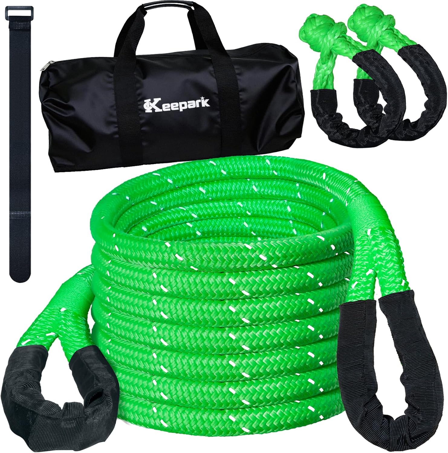 Kinetic Recovery Tow Rope Kit - 35% Stretch, 5/8inch x 20ft 15,100lb Breaking Strength Tow Strap with 2 Soft Shackles for Safe Off-Road Vehicle Recovery of Jeep, Truck, SUV, UTV, ATV