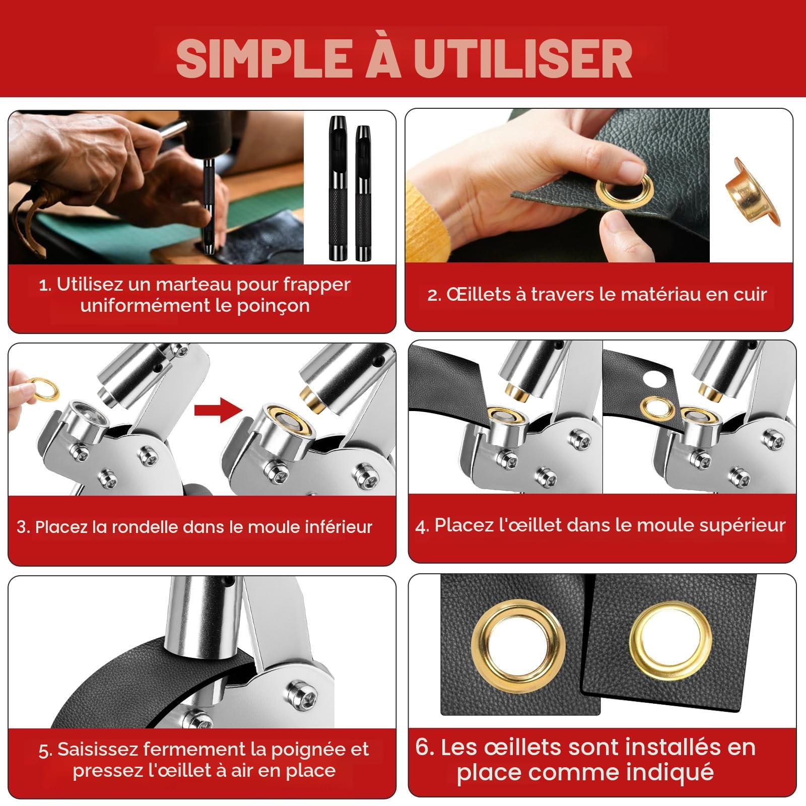 Kit de œillets avec poinçons de 6 mm et 10 mm, 500 pièces d'œillets en métal, ensemble d'outils de presse à rivets à pinces à œillets très résistant pour bâches, artisanat en cuir, tissus