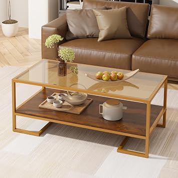 Furnify Coffee Table, 2 Tier Tempered Glass Coffee Table, Rectangle Modern Center Table with Metal Frame, Glass Accent Table Open Storage Shelf for Living Room, Office, Brown