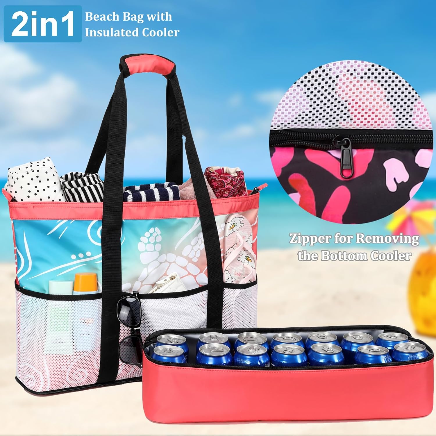 JIANYA Beach Bag Women Waterproof Sandproof Beach Tote Bags with Cooler Top Zipper Large Totes for Pool Travel Daily - Image 4