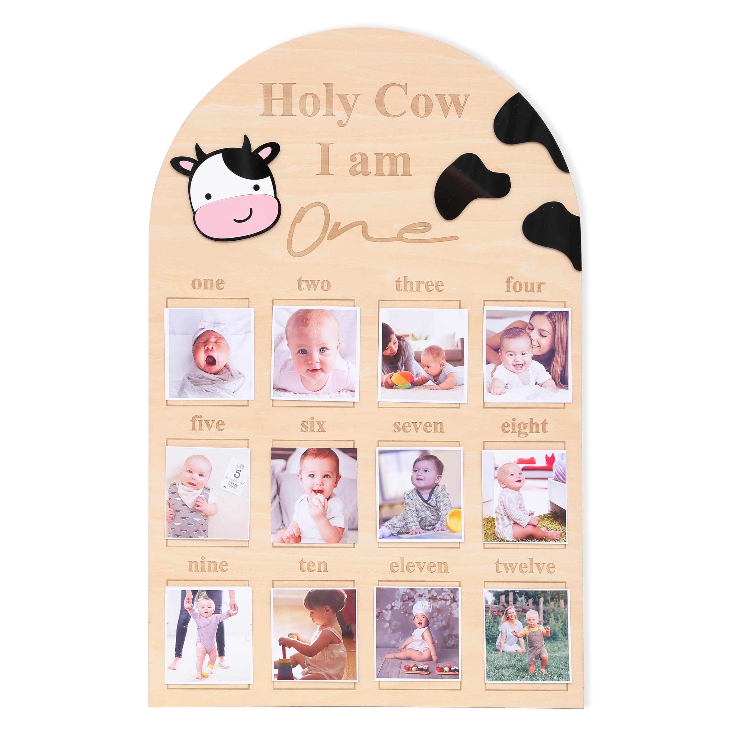 Holy Cow One Wooden Board - 1st Birthday Decorations, Newborn First Year Milestone Photo Display