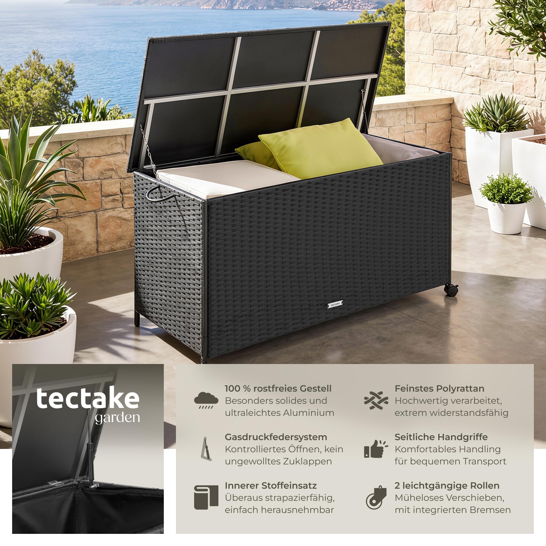 tectake® Auflagenbox 253 l, 116 x 54 x 64 cm, 2 drehbare Rollen mit Feststellbremse, Polyrattan mit Aluminiumrahmen, Kissenbox, Auflagenbehälter, Gartenbox, Sitzkissen Box, Polsterbox - schwarz