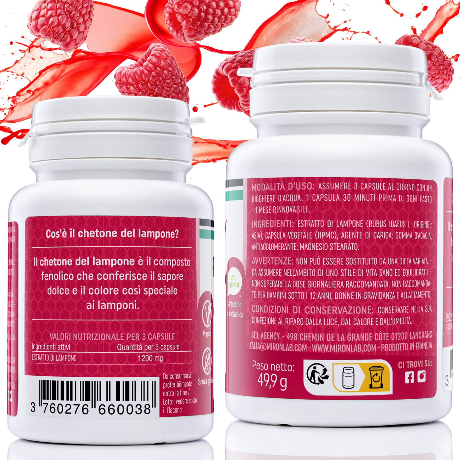 Raspberry Ketone Pure - Chetoni esogeni di lampone - Alto dosaggio : 1200mg Testato - Ideale per la gestione del peso - Maggiore efficienza con la fibra di acacia - 90 capsule - MIRONLAB