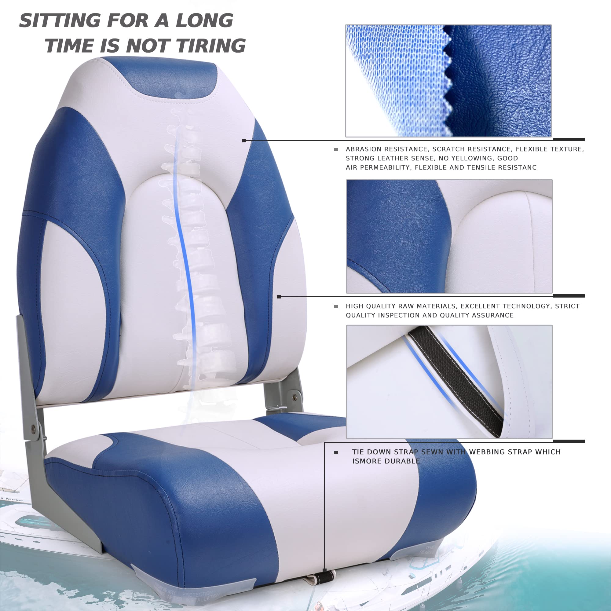 Deluxe Marine Klappbarer Bootssitz mit hoher Rückenlehne, Edelstahlschrauben im Lieferumfang enthalten, Stil C11-Weiß Pazifikblau (2 Sitze)