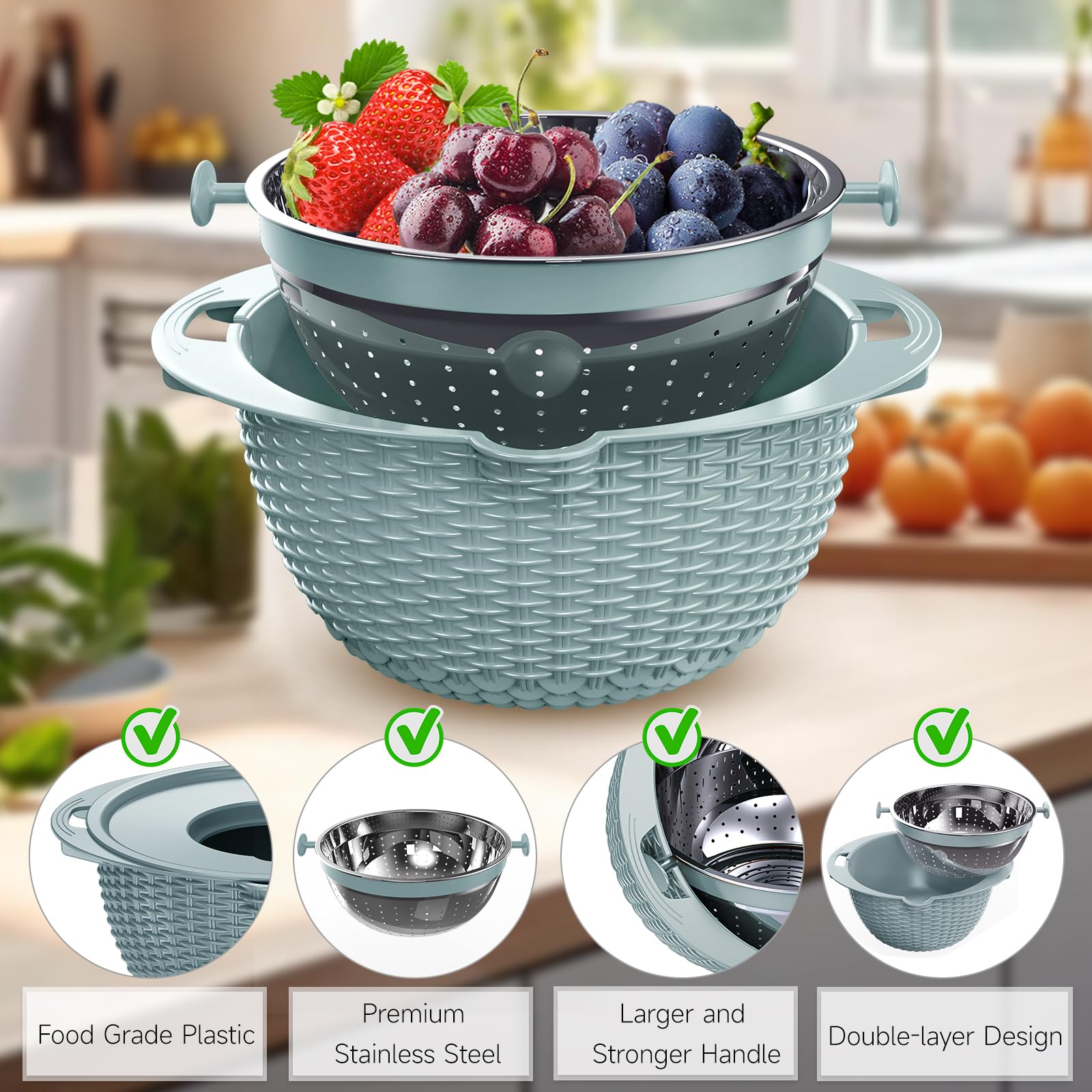 Juego de colador 4-1 con cuenco y cucharas, coladores y coladores (patentados), coladores para cocina, colador de alimentos con ralladores y cucharas mejorados, cuenco de frutas para pasta, frutas