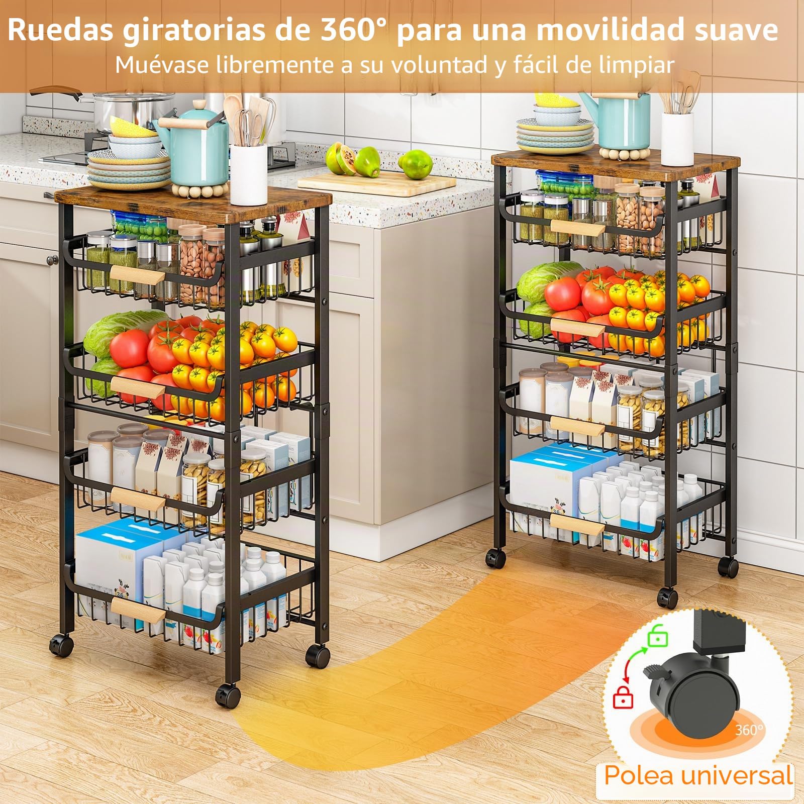 Carrito de Cocina 5 Niveles con Tabla y Ruedas con Bloqueo | Estante Móvil para Verduras y Provisiones, con Ruedas Giratorias Carrito de Servicio Móvil para Cocina, Despensa