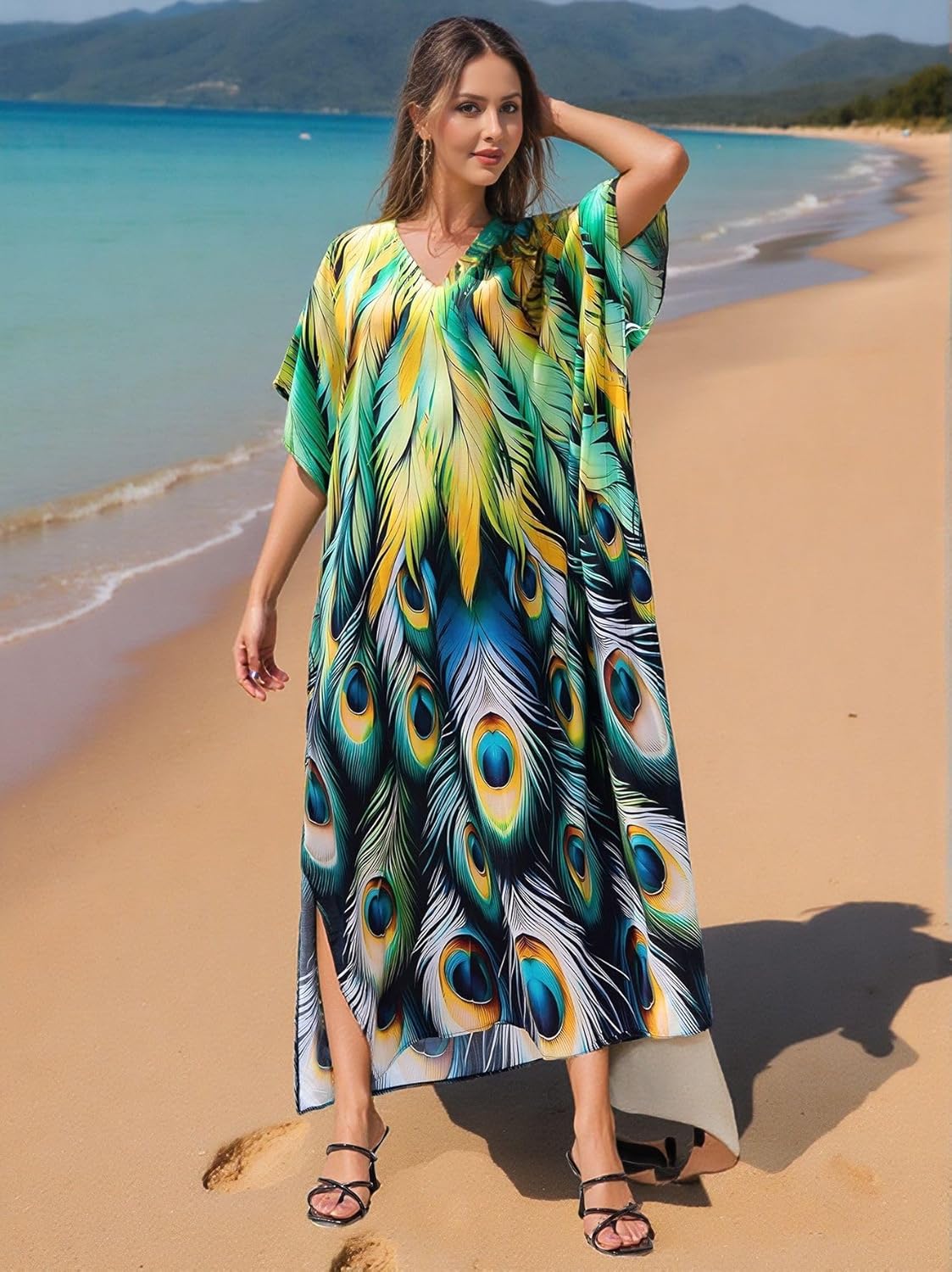 Kaftan Dresses for Women Plus Size Bathing Suit Cover up Vneck Batwing Dress Loose fit Moroccan Caftan mumu Dresses - Image 3