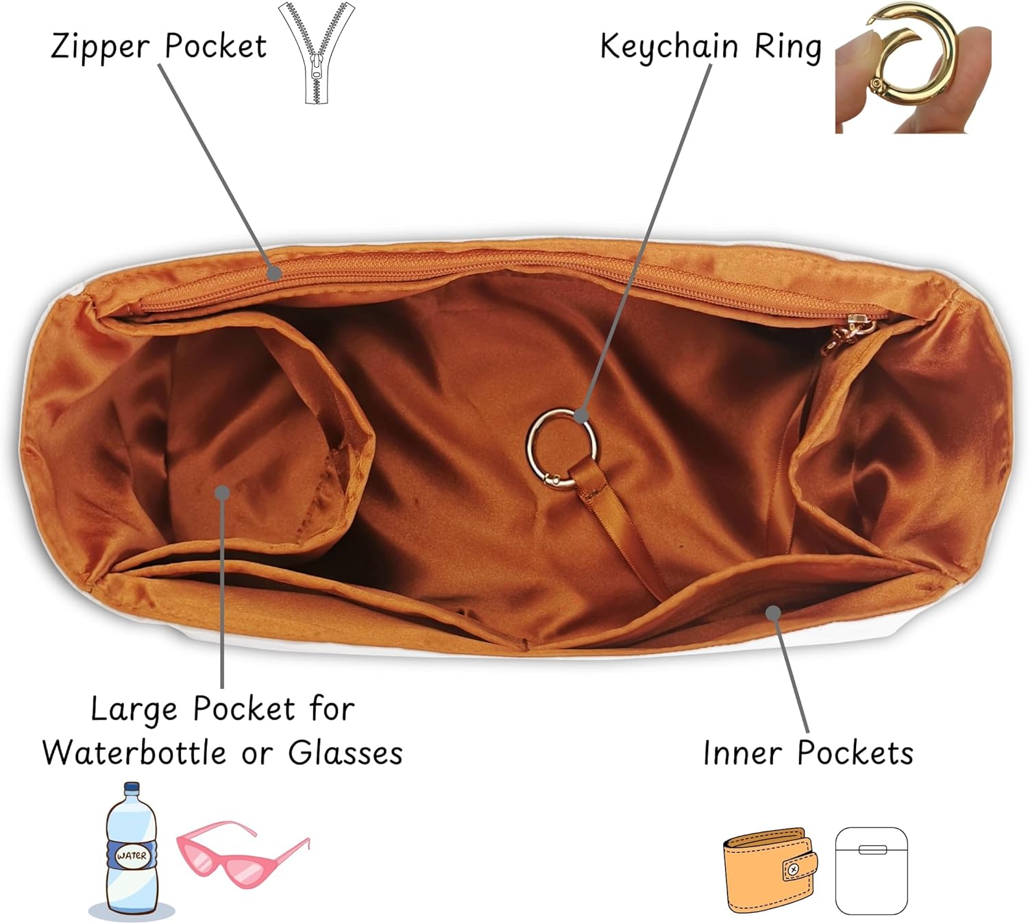 Organizer for Low Key Hobo PM/MM, Lightweight Bag Insert, DupontPaper and Satin Silk Liner, 34 Interior Colors (MM, Champagne)