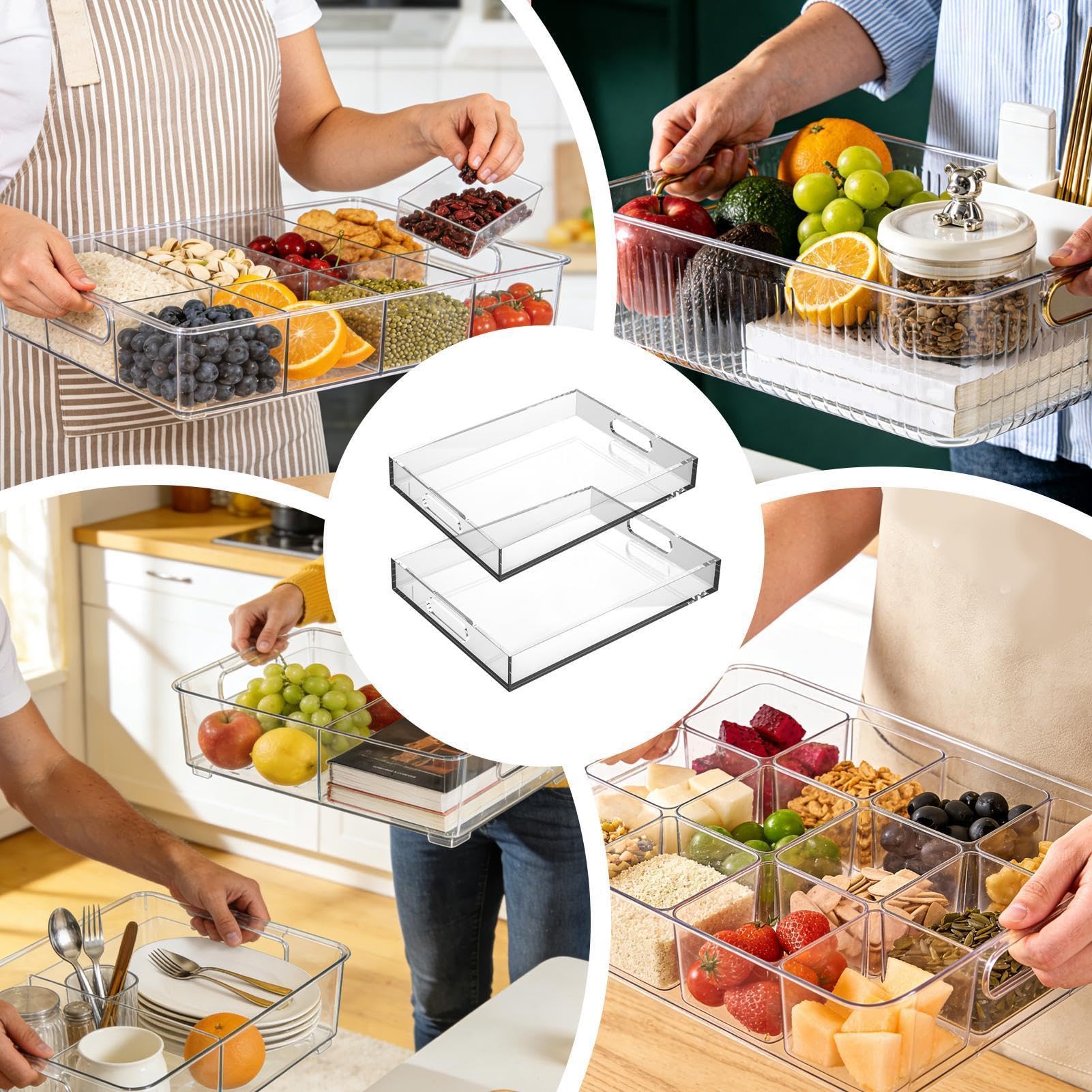 Bandejas de acrílico para exhibición Juego de 2 con asas, grande e | Bandeja de Servicio Antideslizante de Acrílico Para baño, cocina, cafetería, comedor, postres