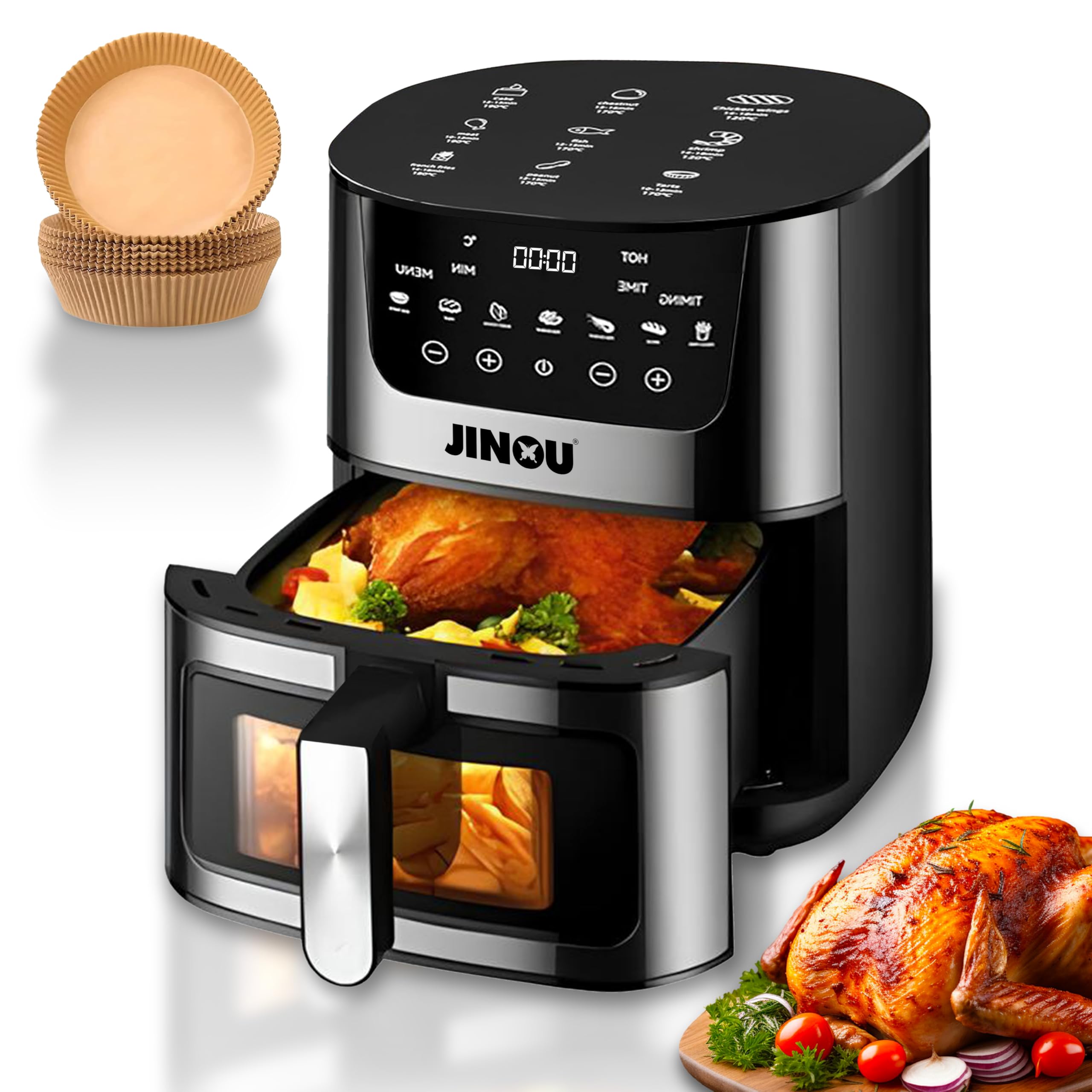 Jinou Airfryer 5.5L 2400W–Non-Stick Bucket & 7 Presets Digital Temperature Control–Ideal for Frying, Grilling, Roasting, Toasting Vegs, Fries, Meat, Fish & More.10 Free Paper Liners.1 Year Warranty