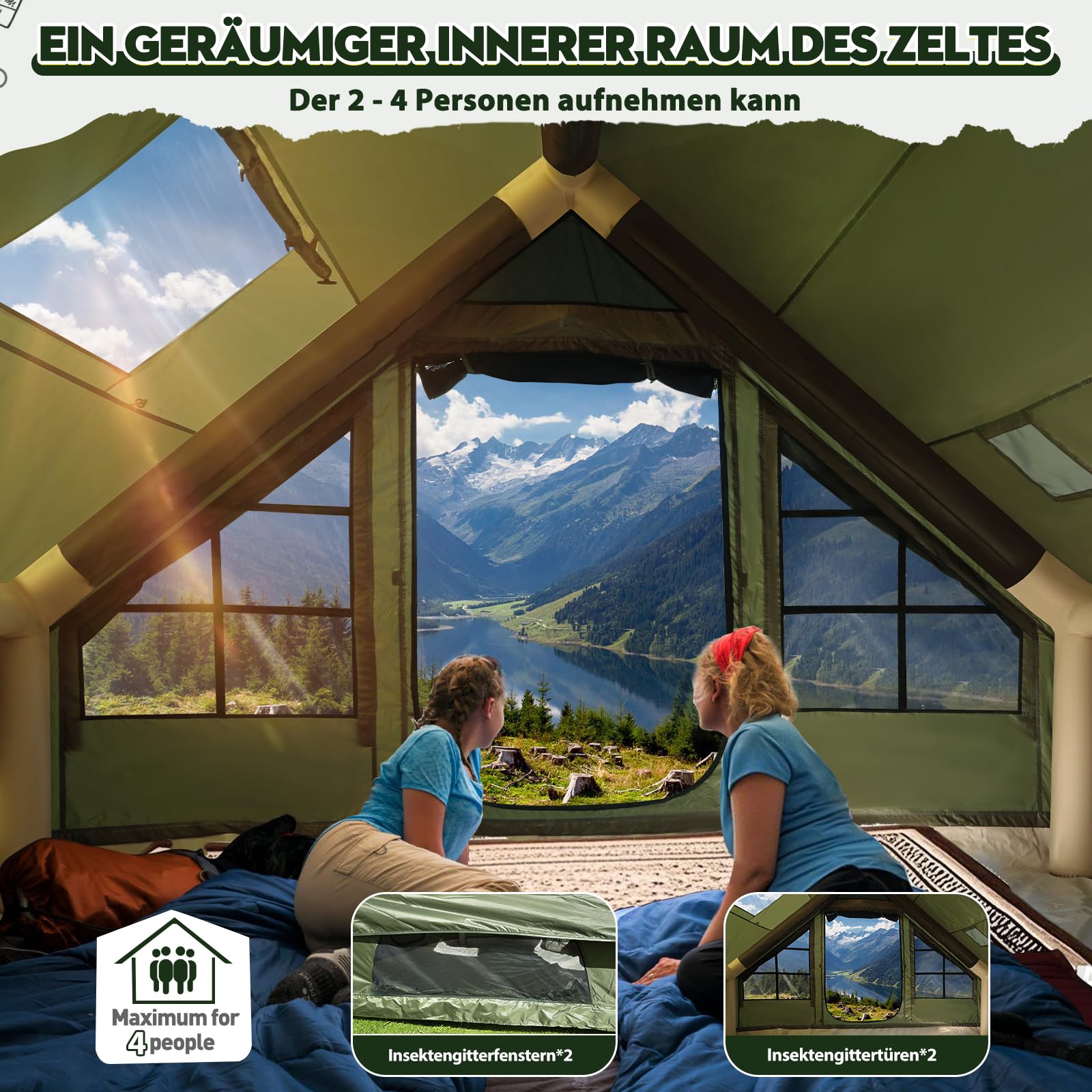 Tente de camping gonflable avec ouverture de cheminée et fenêtre de toit, tente d'extérieur pour 2 à 10 personnes, avec pompe à air, en tissu Oxford imperméable, pour 4 saisons, montage rapide