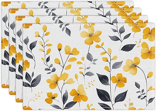 Miniatura 58 de Juego de 6 manteles individuales de flores amarillas de granja, manteles individuales rústicos florales, manteles individuales de primavera lavables