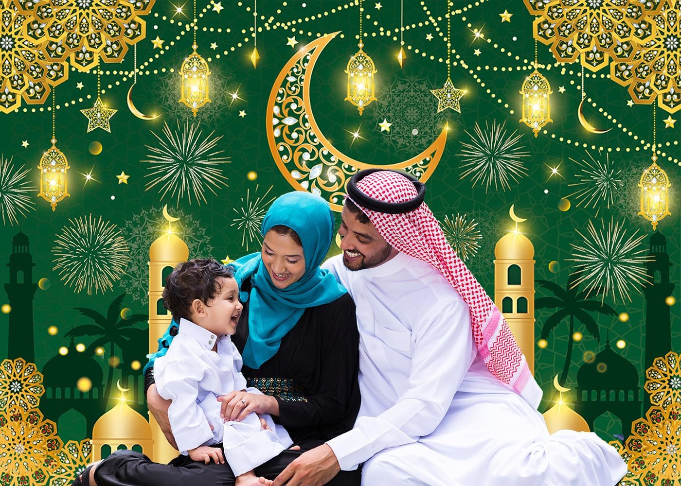 Eid Mubarak Backdrop, Muslim Ramadan Party Decorations Background Green Gold Happy Mubarak Banner for Home Muslim Eid Party Supplies (Green, 8x6FT: 96x72 inch)