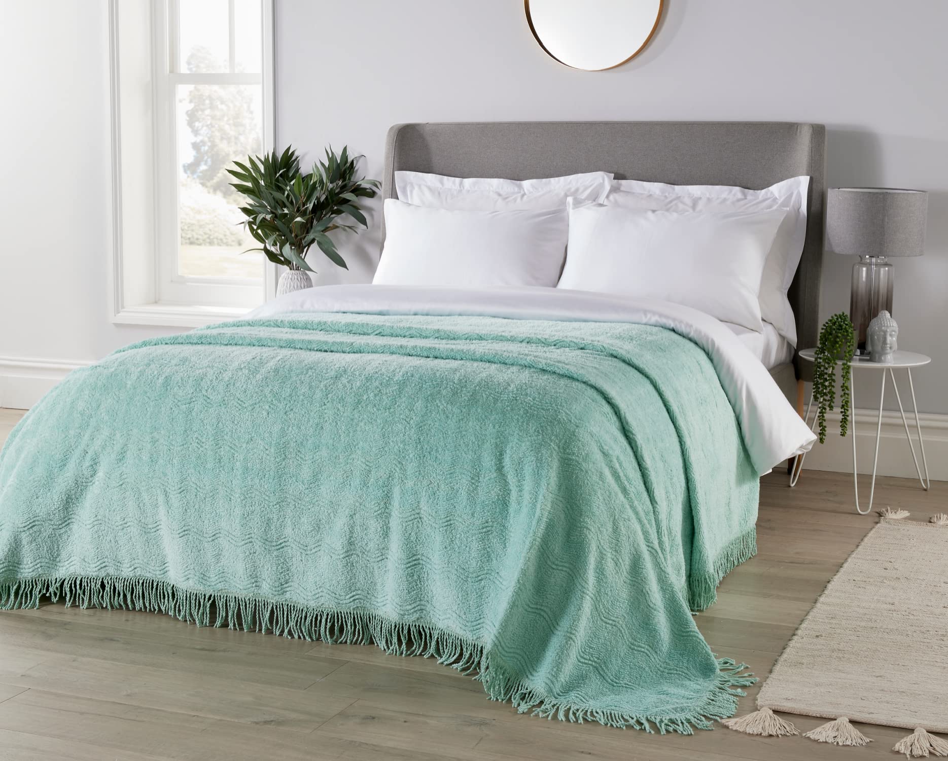Diana Cowpe Green Single Bed Throw | Geneva Design Candlewick Bedspread Single | 100% Cotton Candlewick Traditional Bedspread | Wave Pattern/Fringed Edge Bed Throw 193X260cm
