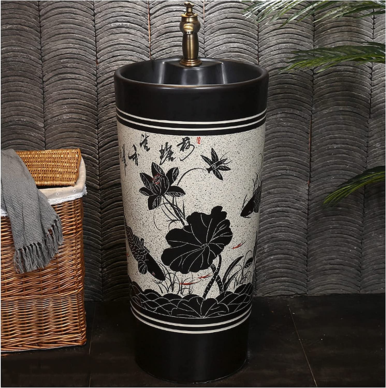 WDSOPK Freestanding Pedestal Sink Hotel Art Basin, Oval Bathroom Basin Sink, Ceramic and Lavatory for Indoor Outdoor (F)