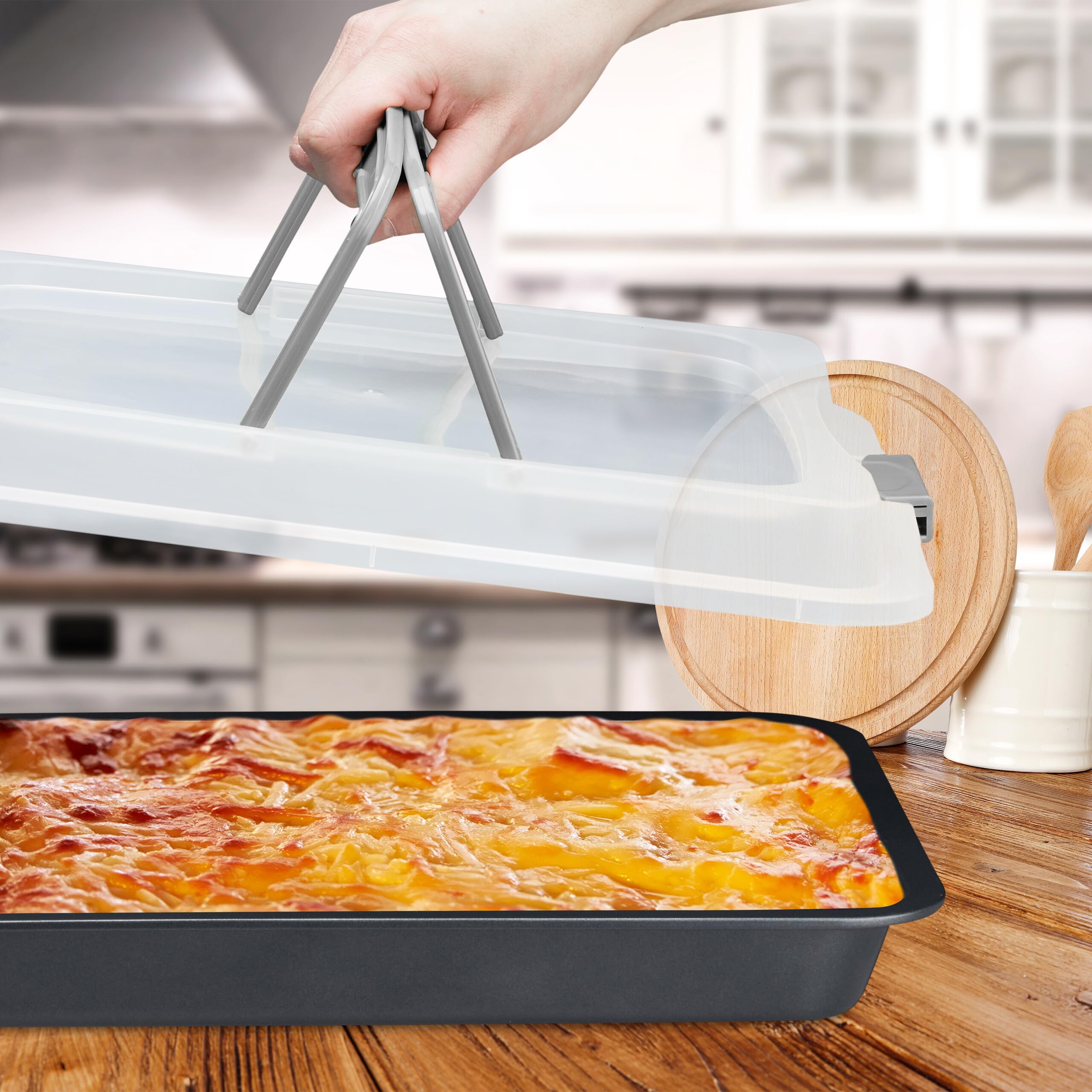 Relaxdays Bandeja de Horno con Tapa, Portatartas 3 en 1, 40,5x32,5cm, Molde Hornear, Cubierta Transporte, Gris