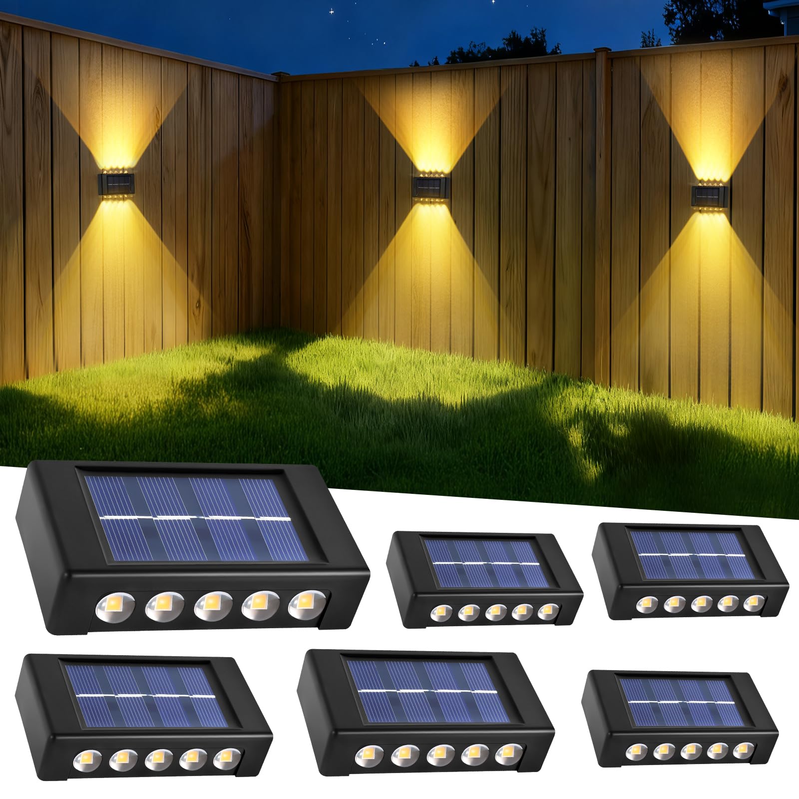 AXFEE Aplique Solar Exterior, IP44 Impermeable Luz Solar Exteriore, 10 Cuentas de Lámpara LED, La Parte Superior y La Inferior Están Brillando, Lámpara Solars Potente para Patio,Jardín y Valla (6PCS)