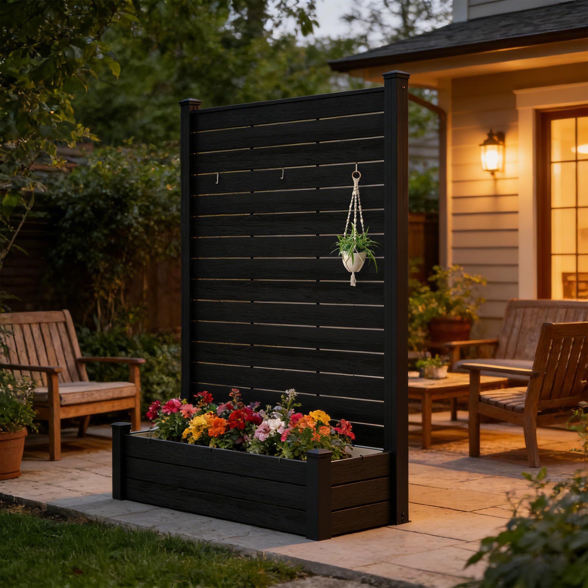 Kozyard Privacy Screen with Planter, 70" H x 51" W Outdoor Garden Screen, Waterproof Aluminum Frame with Thick Wood-Plastic Boards, Decorative Privacy