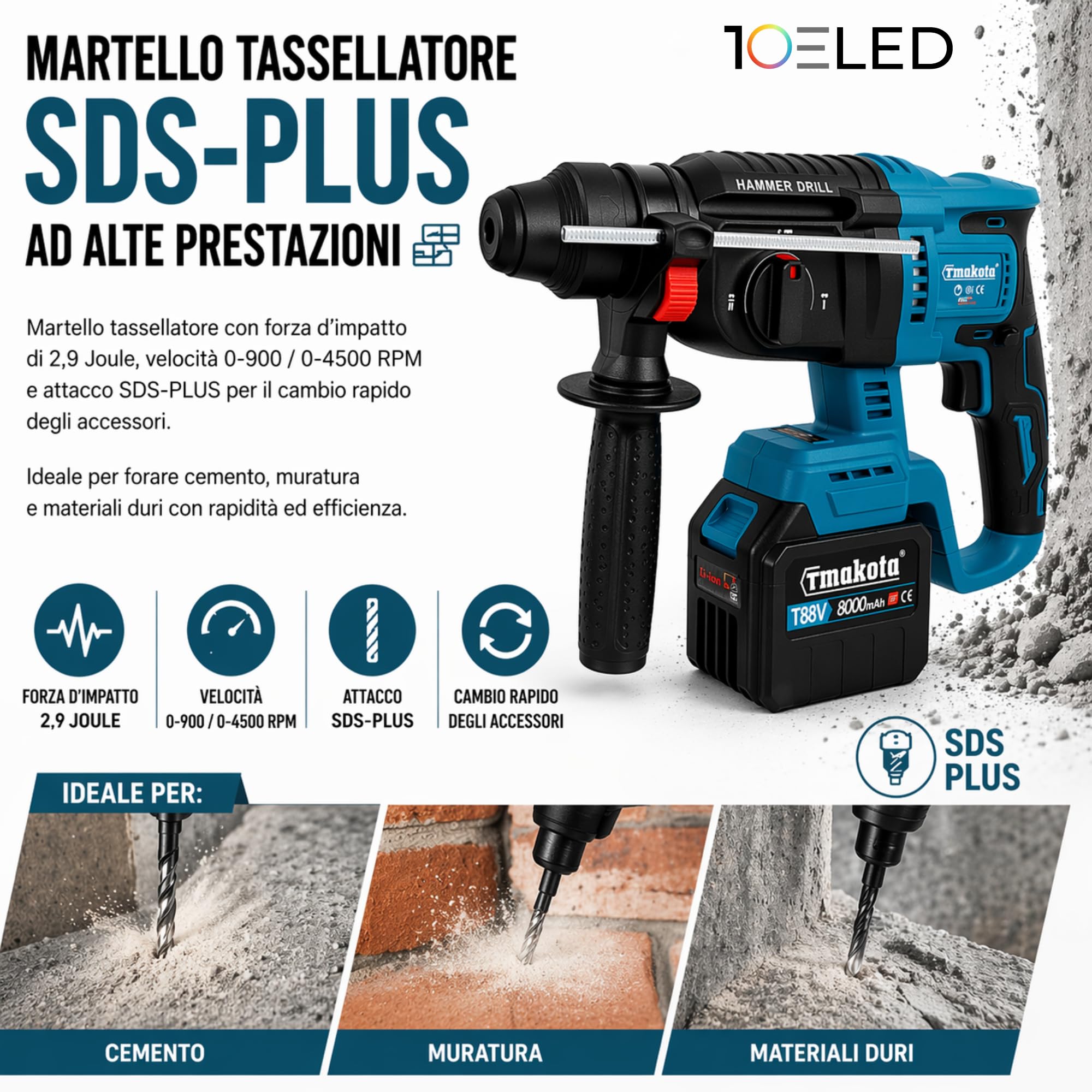 Kit Elettroutensili a Batteria 88V Brushless - COMPRENDE Cassetta con Trapano - Avvitatore Percussione - Avvitatore Impulsi - Smerigliatrice - Tassellatore SDS e Caricatore - Set Professionale