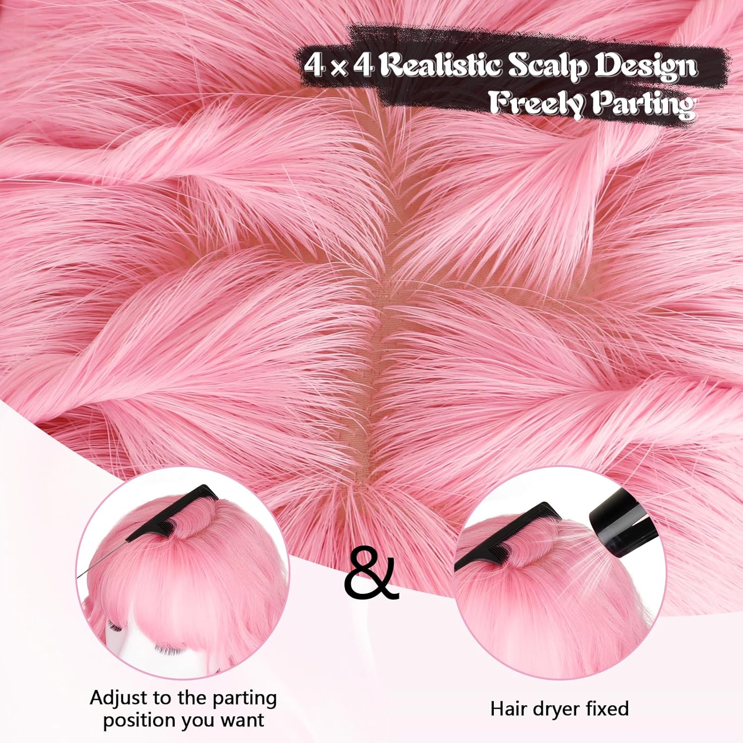 SUKRI Pink Bob Wigs for Women Natural Wavy Wigs with Bangs 12 Inch Short Shoulder Length Synthetic Colored Wig for Cosplay Halloween Daily - Image 3